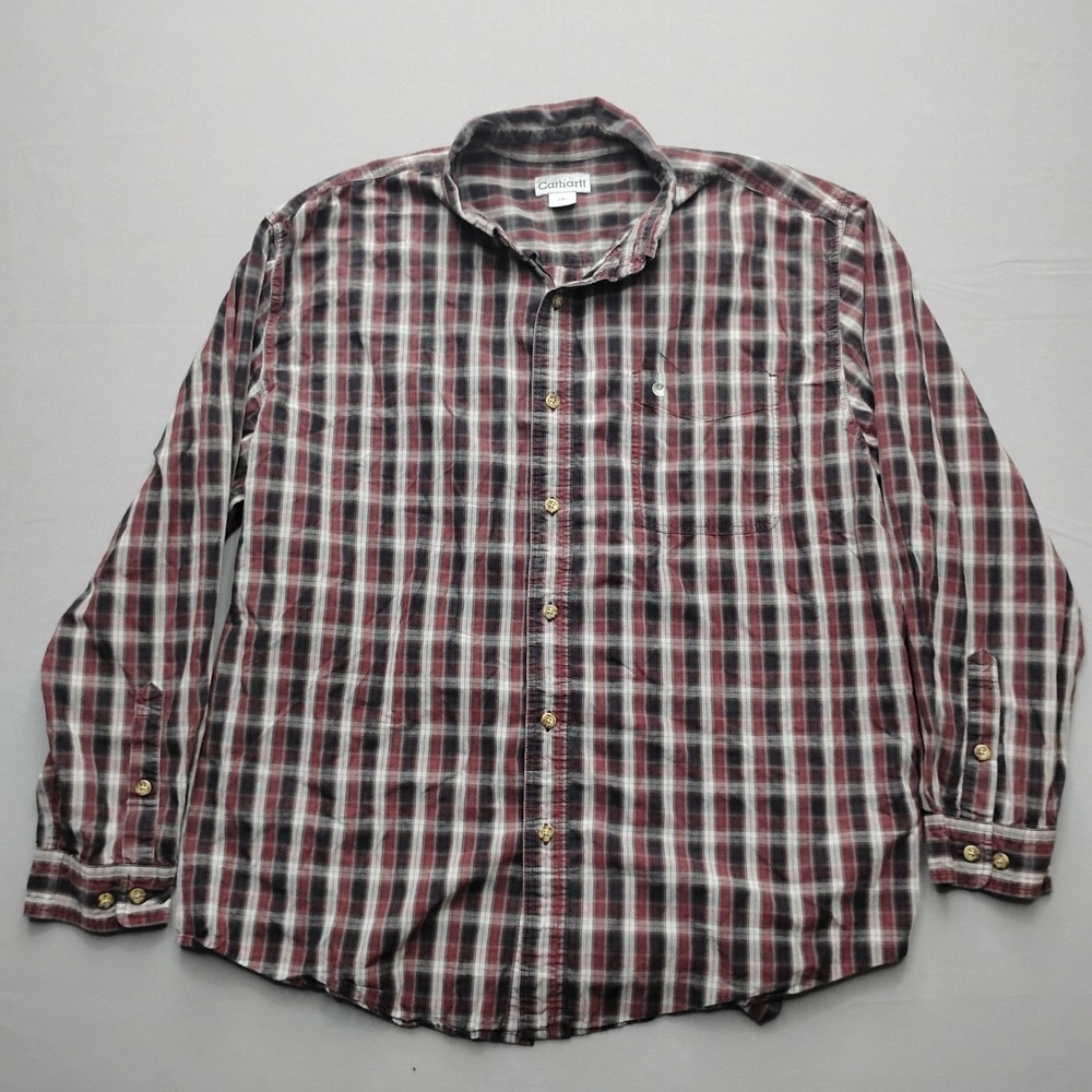 Carhartt Mens S218 PRT Plaid Button Down Shirt 2XL Red Black Cotton Long Sleeve